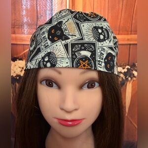 Handmade Black Cat  & Skull Print Scrub Cap/ Nurse Hat